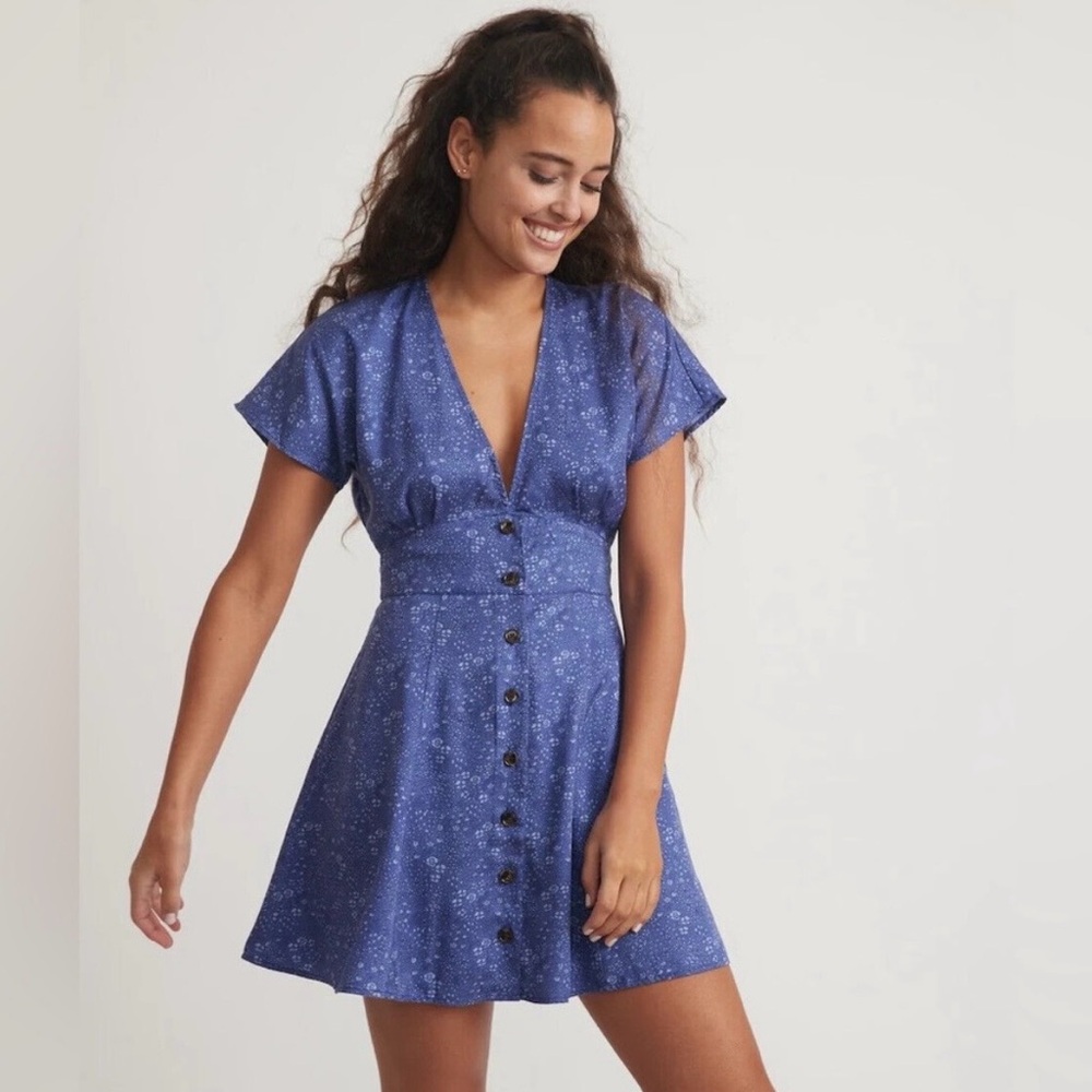 Marine Layer Camila Tencel Blue Floral Mini Dress M Button Front Fit Flare